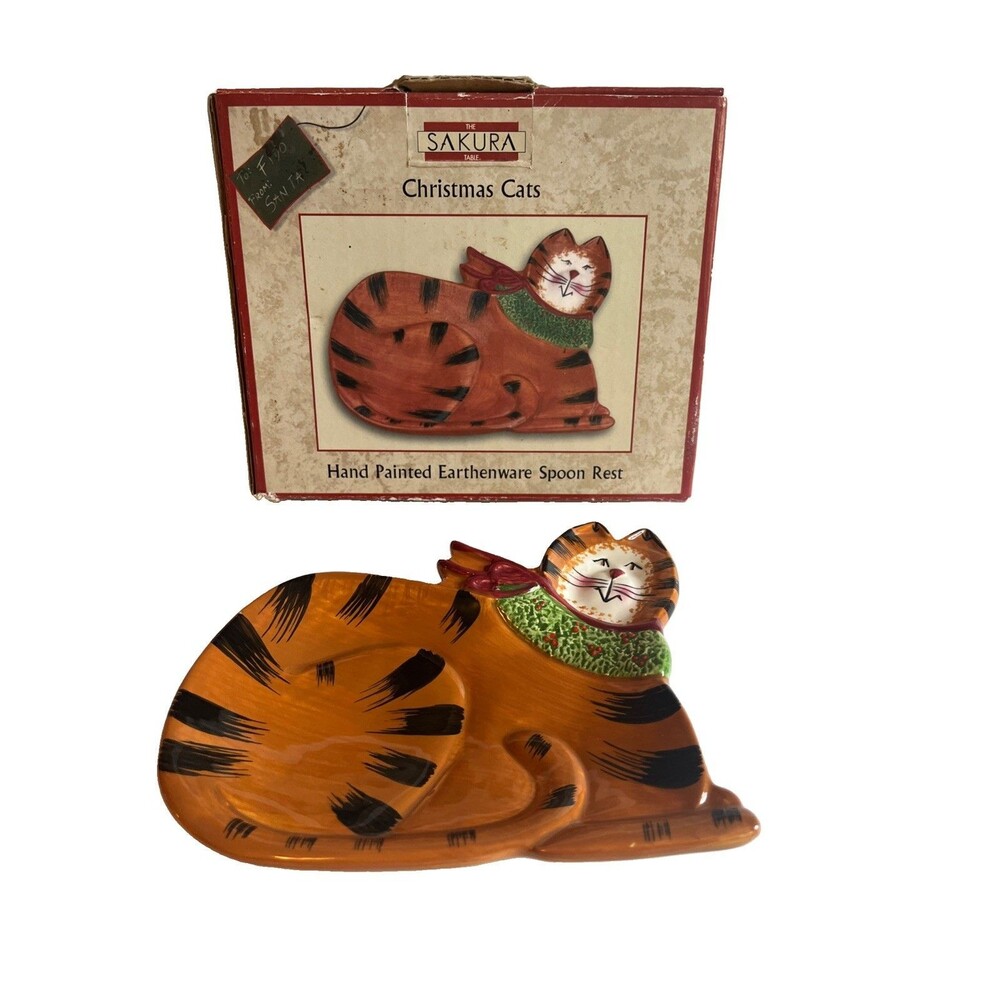 Sakura Christmas Cat Spoon Rest Fiddlestix Orange Kitten Green Scarf Earthenware